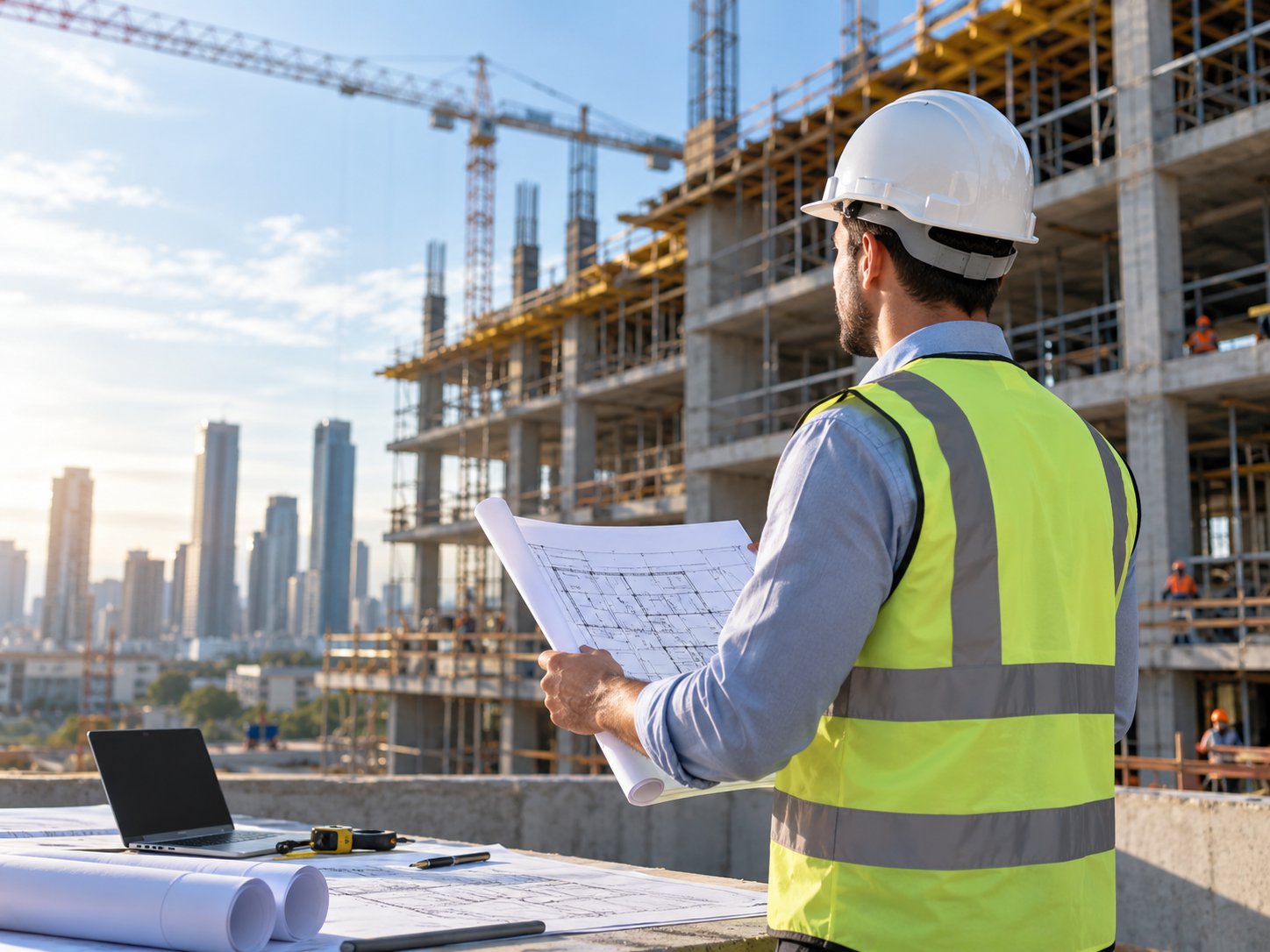 Engenheiro civil em obra analisando projeto