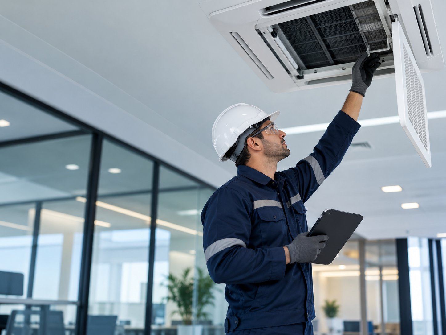 Técnico realizando inspeção em sistema de climatização corporativo